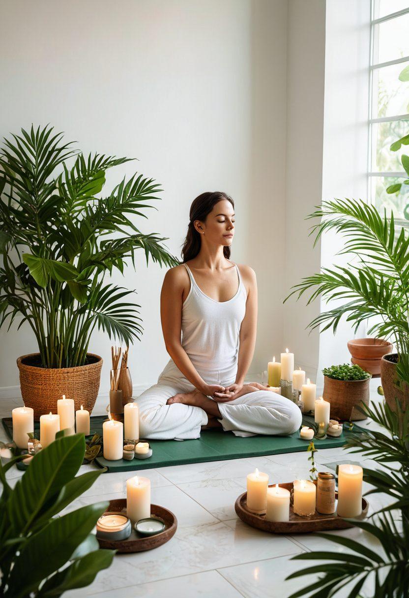 A serene spa setting with a tranquil jade green backdrop, showcasing an array of organic skincare products like creams, oils, and herbs. In the center, a person practicing Antravasana yoga surrounded by aromatic candles and lush plants. Include soft, natural light that highlights the harmony between nature and self-care. Super-realistic. vibrant colors. white background.