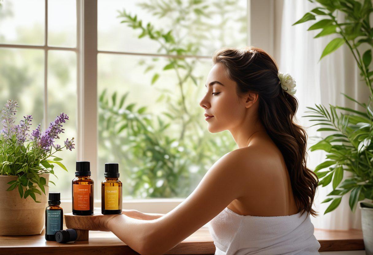 A serene spa-like scene featuring a calm young woman with glowing skin surrounded by natural elements like essential oils, herbs, and flowers. Soft sunlight filters through a window, highlighting the serene atmosphere. Incorporate Antravasana's logo subtly in the background. Super-realistic. Vibrant colors. White background.