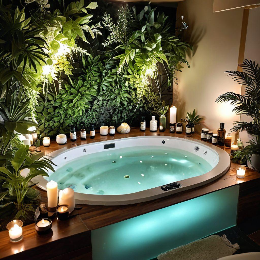 A serene spa setting where luxury skincare products are integrated into an everyday wellness routine; soothing natural elements like crystals, essential oils, and herbal tea are showcased. An individual engaging in self-care, surrounded by lush greenery, and a tranquil atmosphere. soft and warm lighting. super-realistic. vibrant colors.